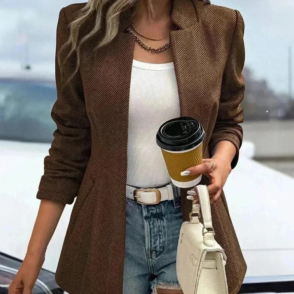 Coffee Brown Casual Women's Herringbone Pattern Long Sleeve Overcoat - Picture 1 of 7